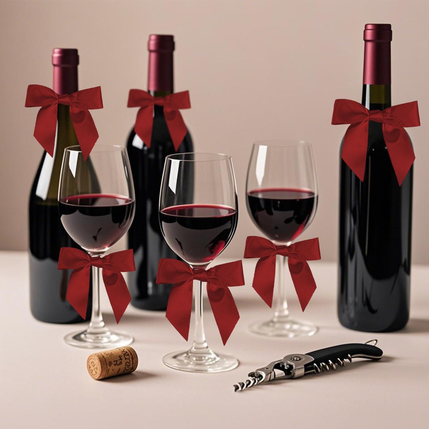 50 Pcs 3.5" Burgundy Red Satin Ribbon Bows, Pre-Tied Mini Twist Tie Craft Bows for Treat Bags, Wine Bottle - Christmas Premade Wire Bowknot for Gift Wrapping Birthday Wedding Party Favors