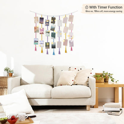 Mkono Macrame Hanging Photo Display Wall Decor with String Lights, Boho Wooden Beads Garland Collage Picture Card Frame Holder with 45 Clips for Bedroom Living Room Dorm, Teen Girls Gifts