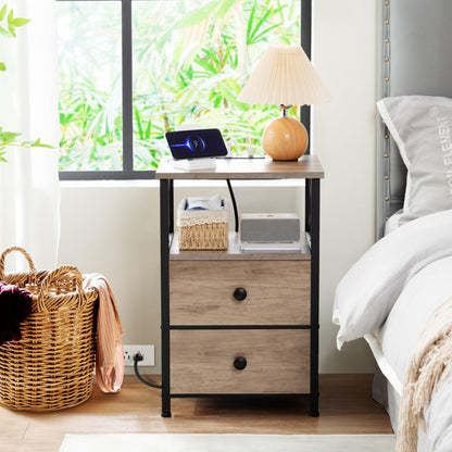 AMHANCIBLE Night Stand, Nightstand with Charging Station, End Tables Living Room with Fabric Drawer, Bedside Table with USB Ports and Outlets for Small Spaces Bedroom, Greige HET05XGY1