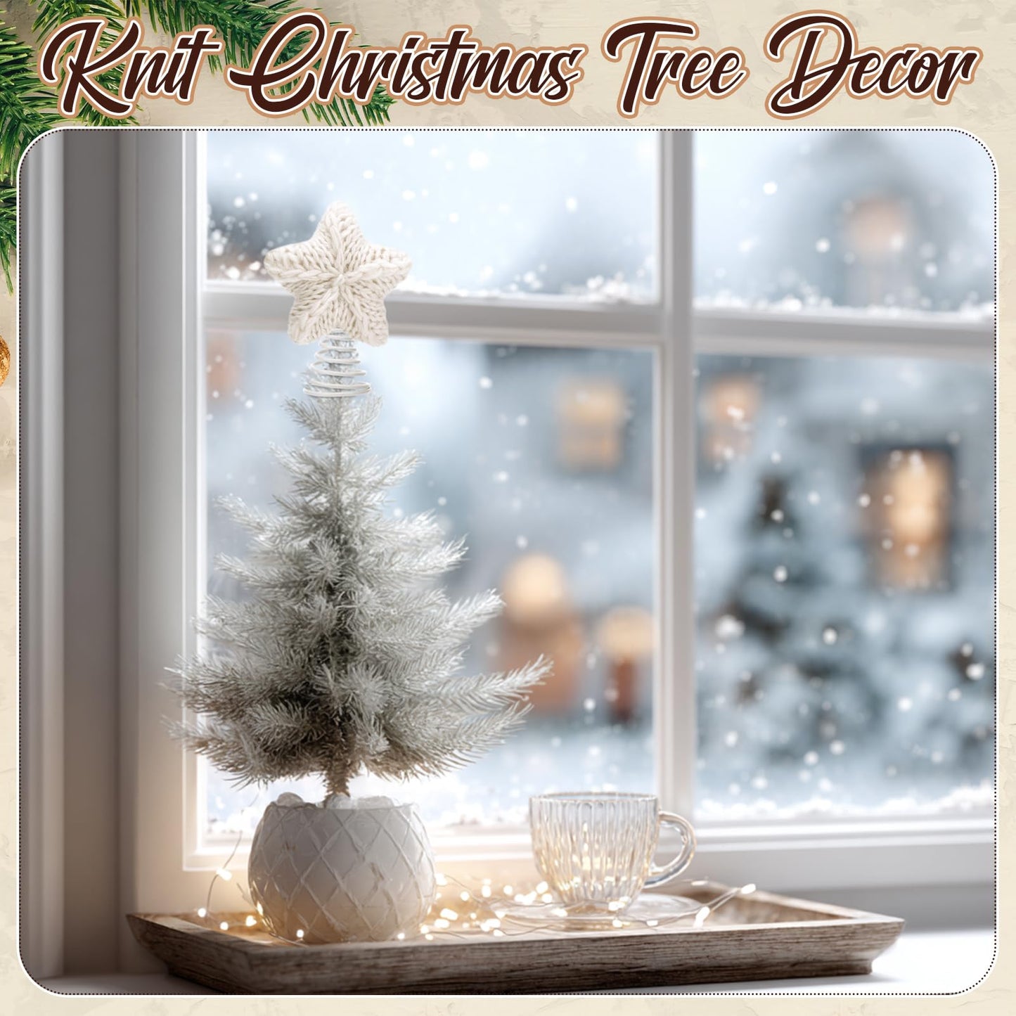Gejoy Mini Christmas Knitted Star Tree Topper Rustic Natural Knitting Star 6 Inch Miniature Tree Topper for Christmas Home Decor Winter Holiday