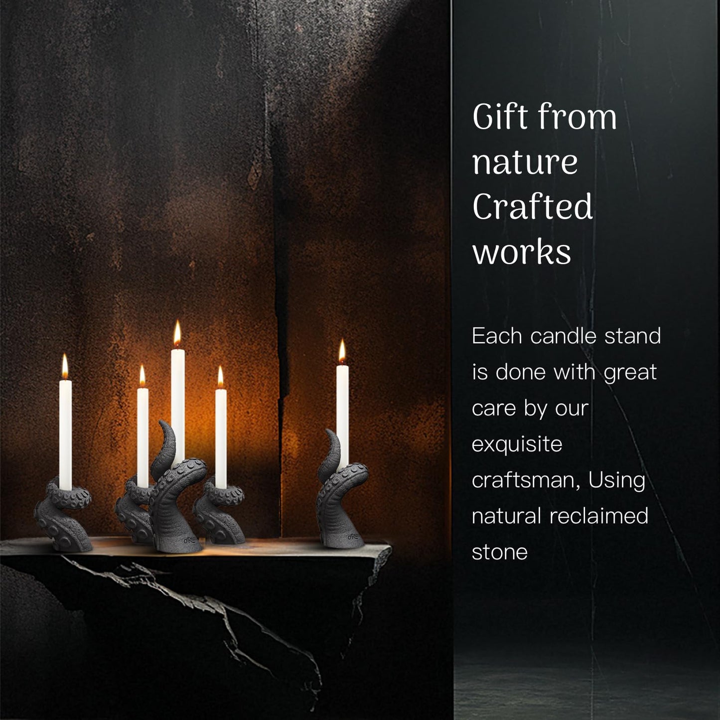 ORNAN Octopus Candlestick Holders True Natural Reclaimed Stone, Set of 2 Premium Reclaimed Stone Candlestick Holder for Wedding Dinning Party, Candle Stand for 3/4 inch Thick Candles Color Black