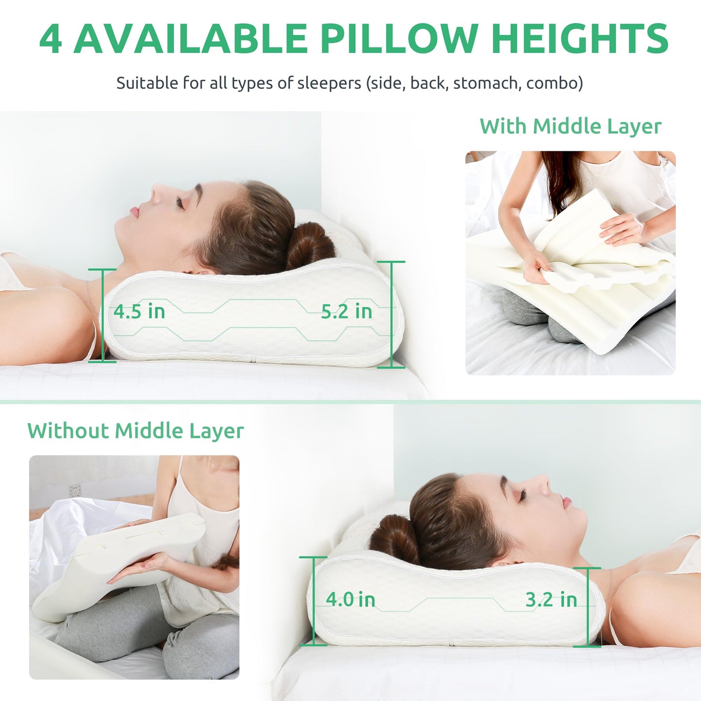 UTTU Cervical Pillow for Neck Strain Relief, Memory Foam Neck Pillow for Sleeping, Adjustable Orthopedic Sandwich Pillow, Contour Cooling for Side Back Stomach Sleeper, Medium(23.6"×14"×5.2"/4.5")