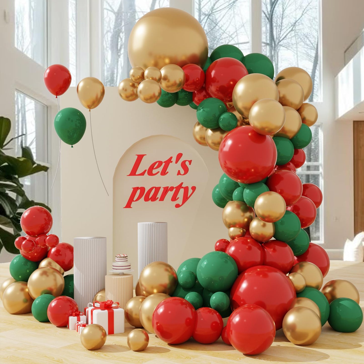 Christmas Balloons Arch Kit, 102pcs Red Green Gold Balloons Difference Sizes Latex Balloons with 16ft Tape Strip & Dot Glue for Christmas, Birthday Party Decoration
