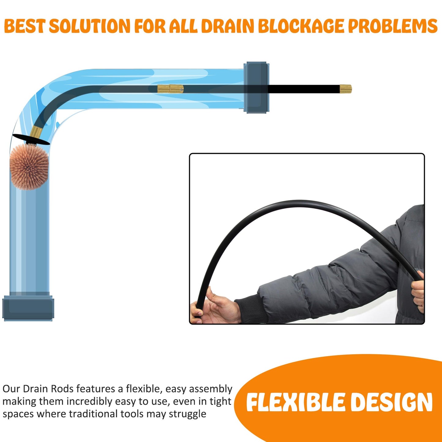 12 Pcs Drain RODS Set Professional Heavy Duty Unblock Plunger Double Worm Screw 9M Unblocked Drainage Pipes Cleaning Gutter Road Unblocker with Carry Bag