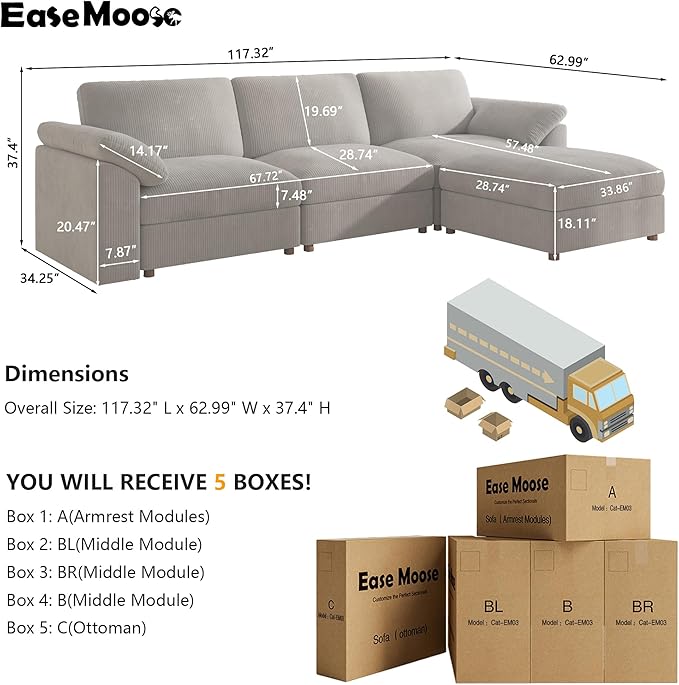 EASE MOOSE Oversized Sectional Modular Sofa, L Shape Sectional Couch Wide Deep