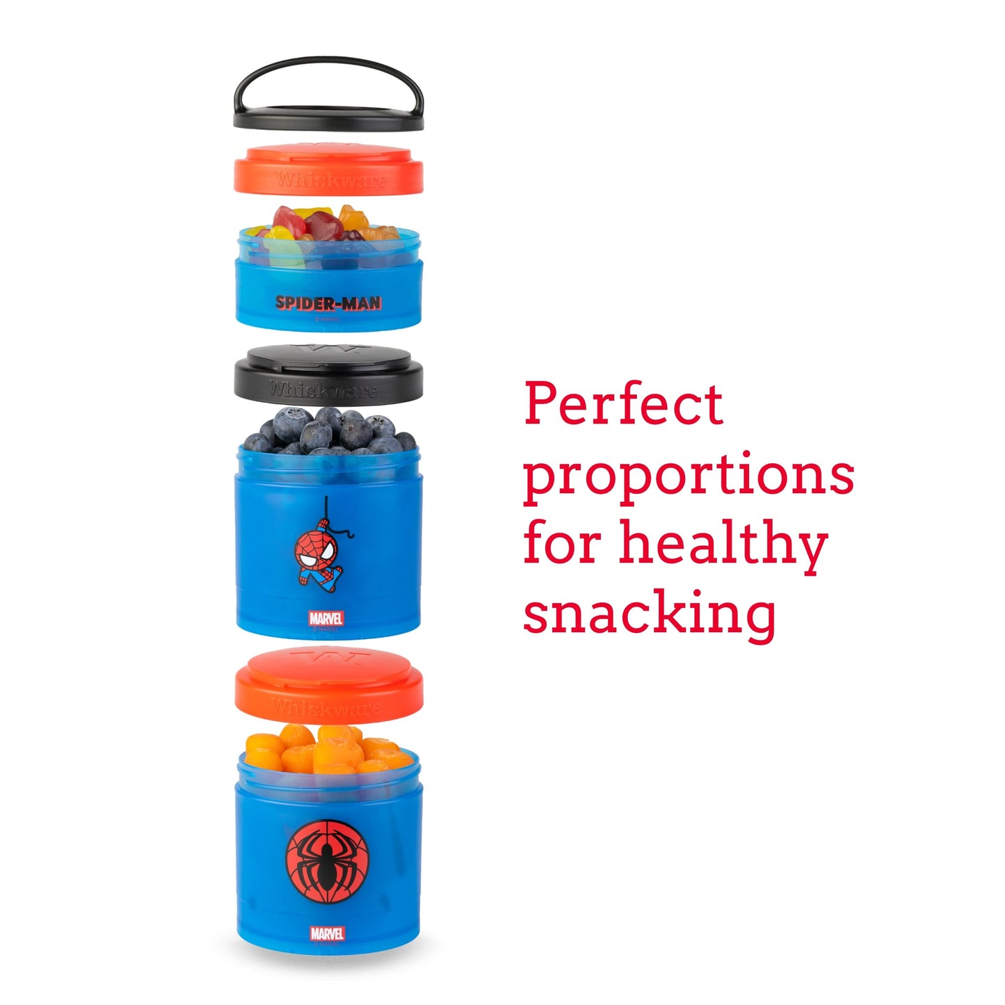 Whiskware Marvel Stackable Snack Containers for Babies, Kids, and Toddlers, 3 Stackable Snack Cups for School or Travel, Formula Friendly, Cupholder Friendly, Spider-Man