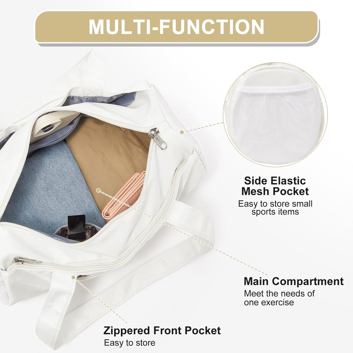 Small Gym Bag 13.78"x6.7"x6.7" Carry On Duffel Bag, Mini Personal Item Bag Lightweight Tote Weekender Overnight Bags for Women and Men Sports, Traveling, Swimming, Yoga (Cream Color)