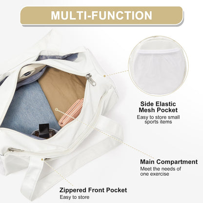 Small Gym Bag 13.78"x6.7"x6.7" Carry On Duffel Bag, Mini Personal Item Bag Lightweight Tote Weekender Overnight Bags for Women and Men Sports, Traveling, Swimming, Yoga (Cream Color)