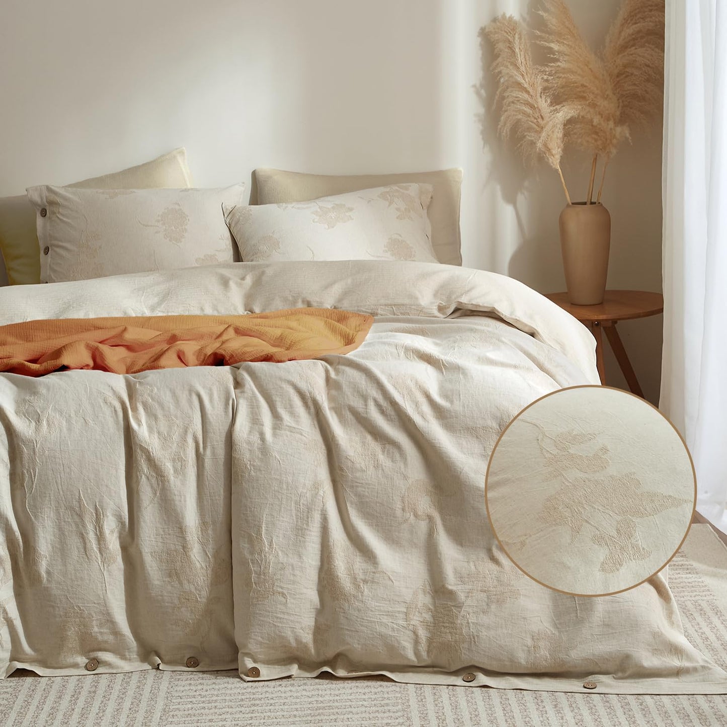 mixinni King Duvet Cover Set - 70% Cotton 30% Linen Blend, Bohemian Floral Jacquard 3-Piece Comforter Cover with 2 Pillowcases, Soft Breathable Lightweight Bedding Set (104"x90"), Almond Milk Grey