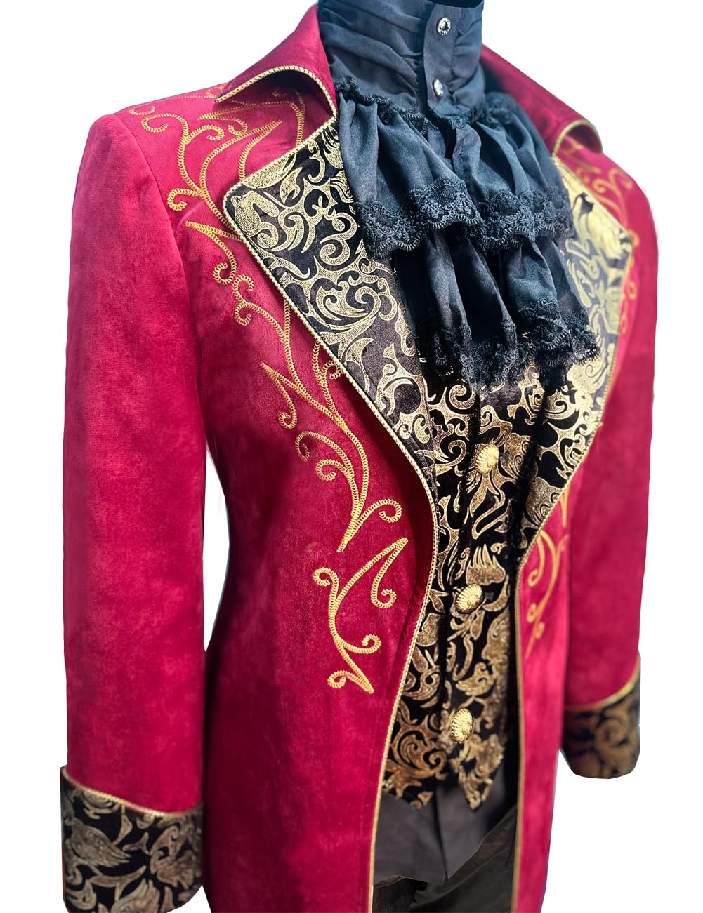 AIBEIX Mens Steampunk Medieval Jacket Gothic Victorian Frock Coat Uniform(Gold Edge-red,XX-Large)