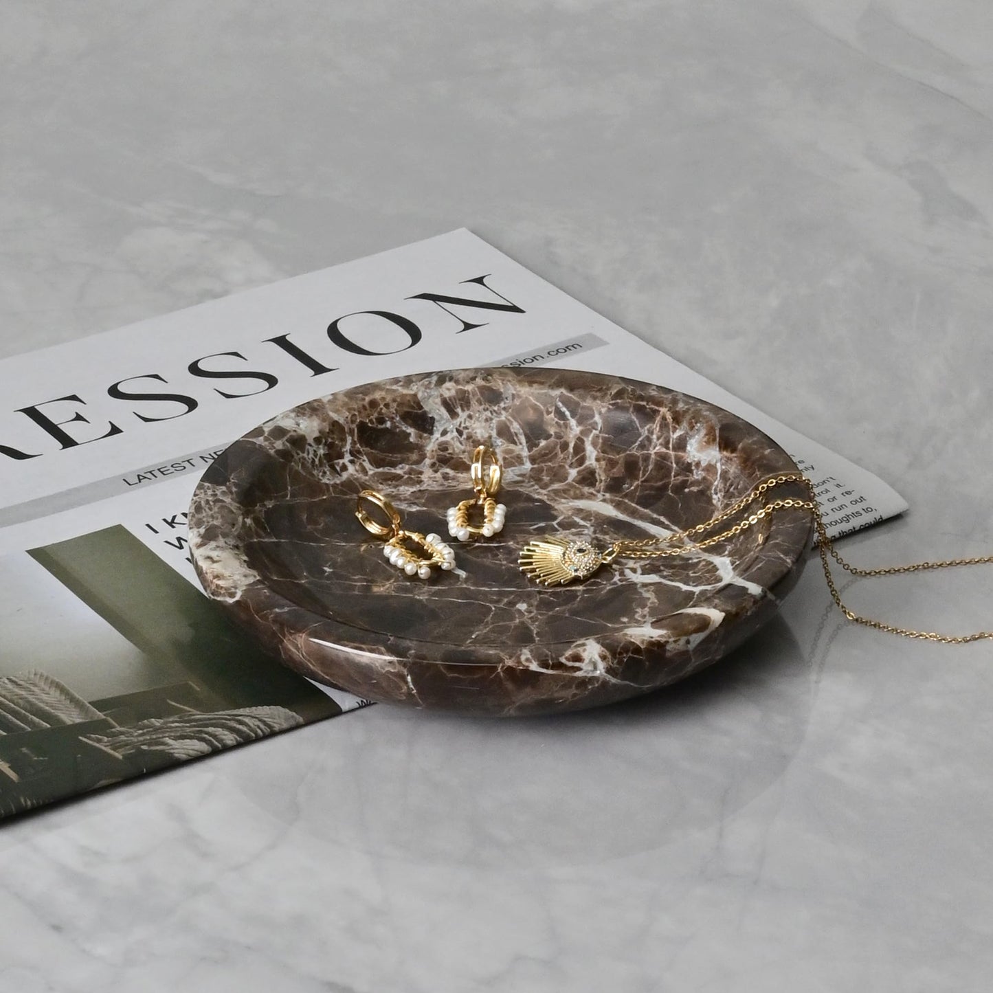 ZSHAWN Natural Marble Ring Dish Jewelry Tray – 5.5" Trinket Dish for Rings Earrings Necklace, Scratch-Resistant Vanity Organizer, Elegant Gift for Women (Emperador Dark)