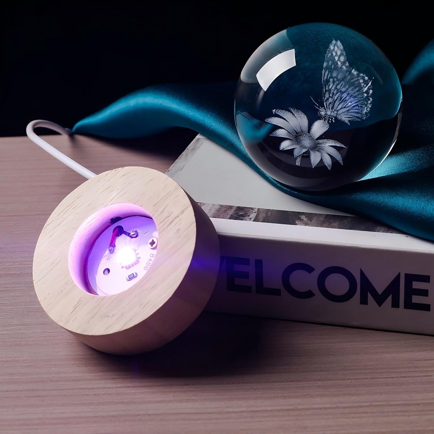 QIANRUNA 3D Butterfly 60mm Crystal Ball Butterfly Figurine Night Light Lamp Gifts for Women Wife Girlfriend Couple Her