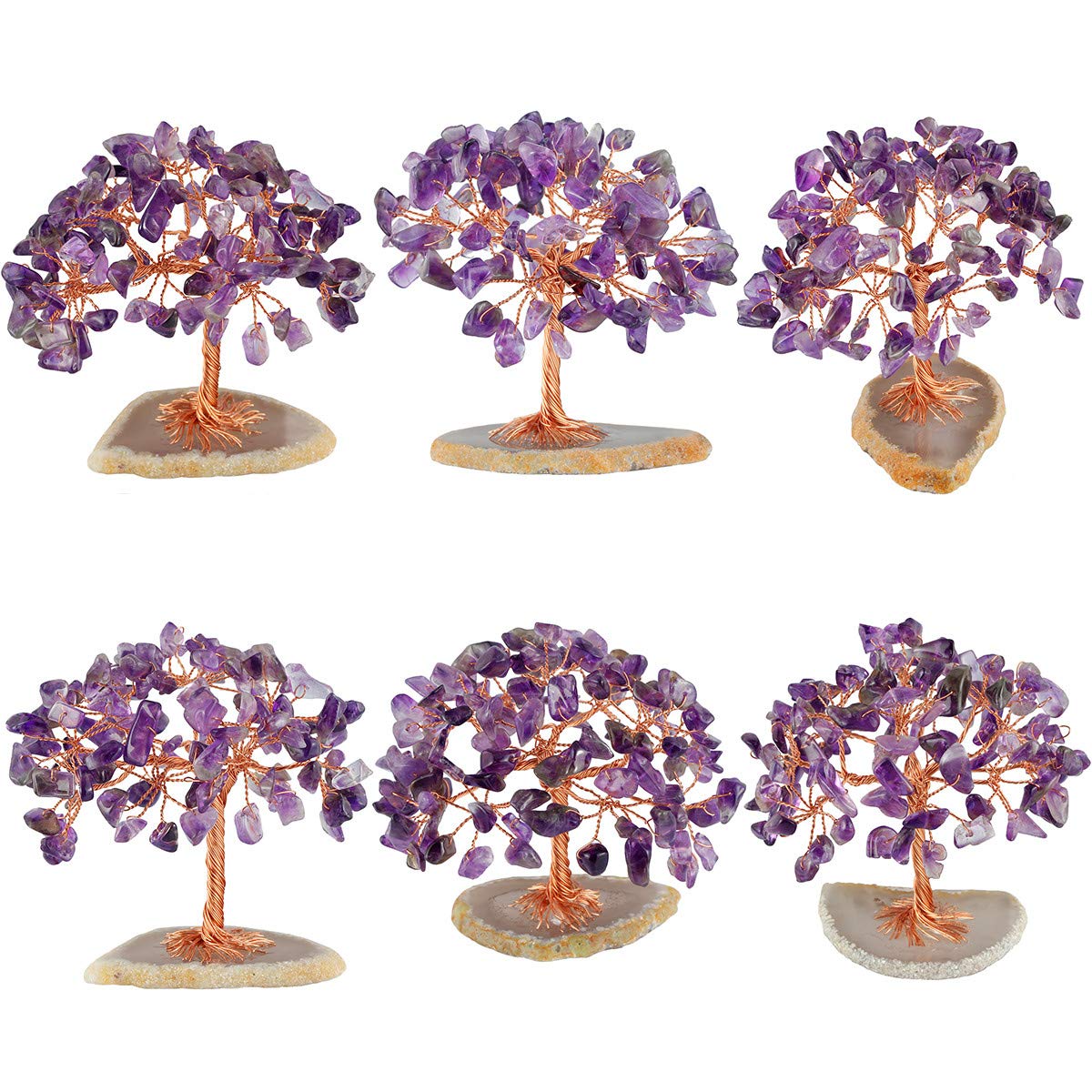 SUNYIK Amethyst Mini Crystal Money Tree on Natural Agate Slab, Handmade Tumble Chip Stone Bonsai Sculpture Figurine Decoration for Wealth and Luck Size 2.5-2.3 Inches