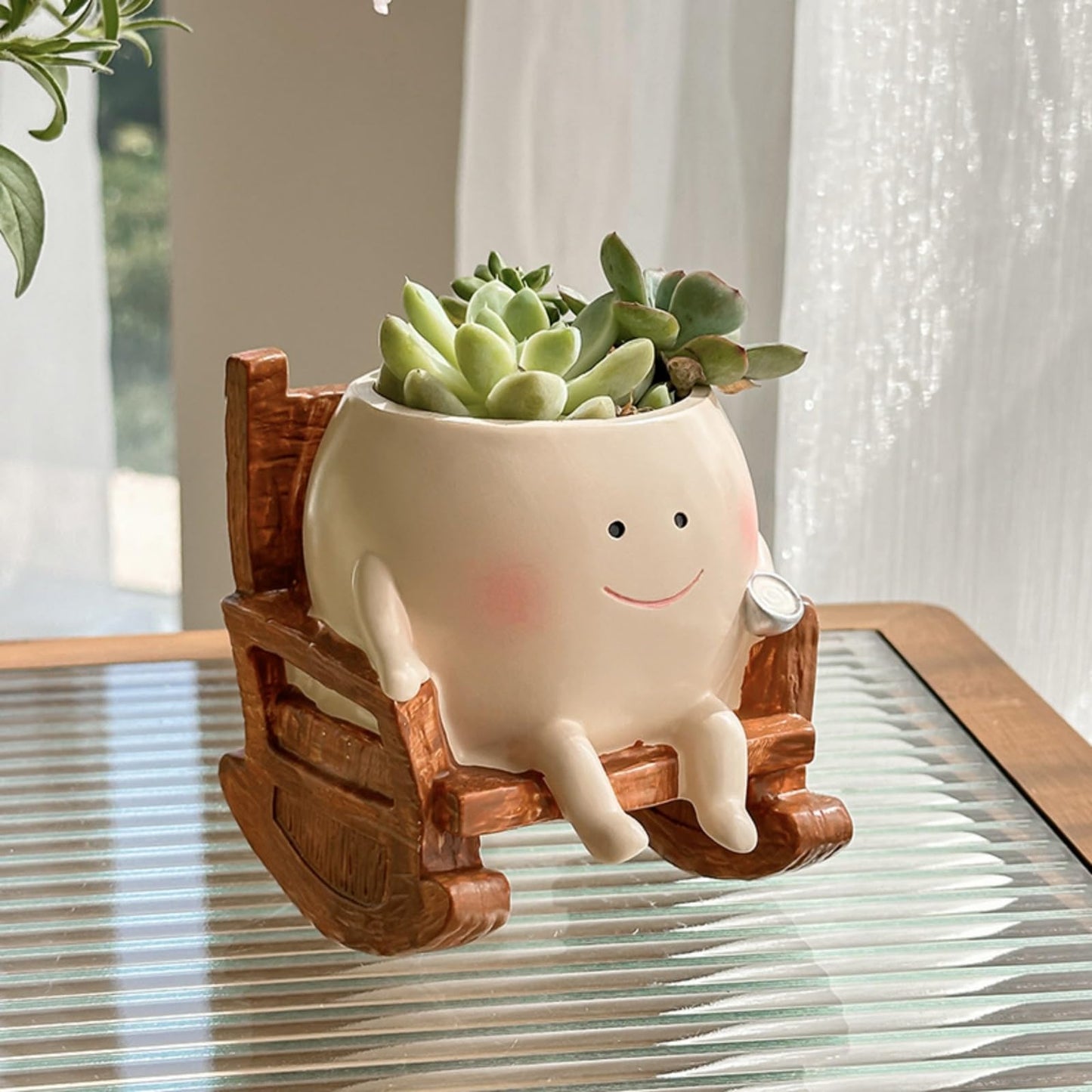NMOHYDEU Smiley Face Planter Pot, Cute Rocking Chair Flower Pot, Small Resin Head Planters for Indoor Plants, Succulent Planter for Home Decor, Plant Lovers Gift for Birthday Christmas