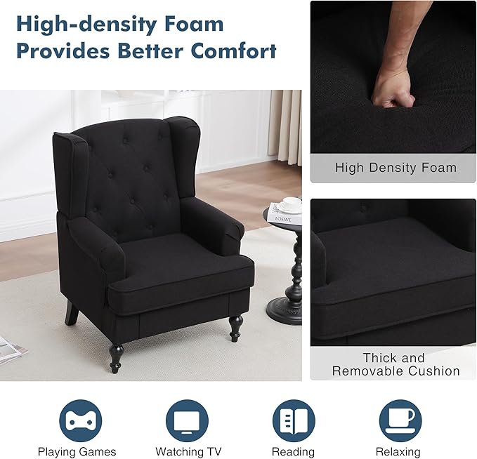 Accent Chair for Living Room, Mid Century Modern Upholstered Armchair, Wingback