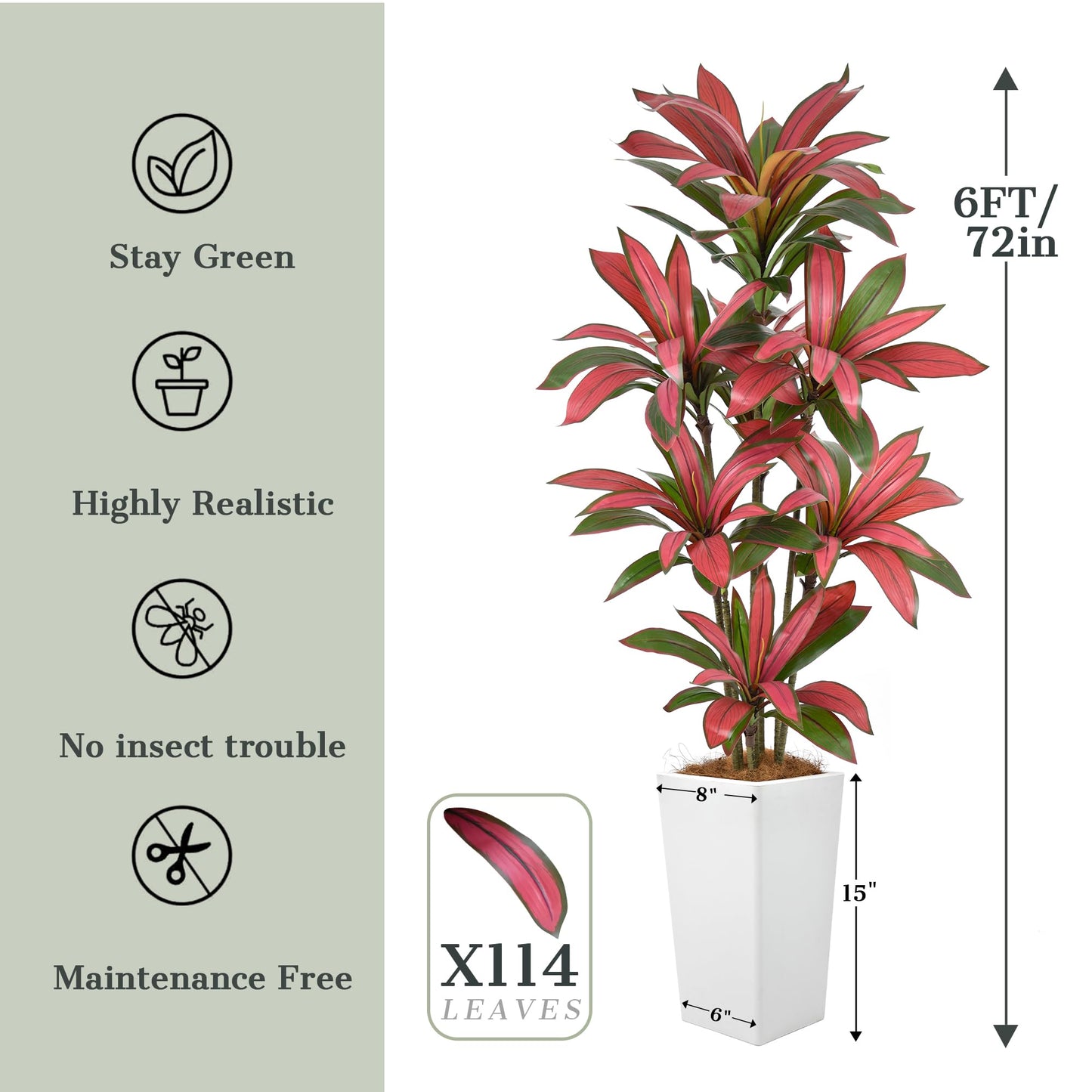 6FT Artificial Dracaena Tree - 72in Faux Dracaena Tree with White Planter, Realistic Trunk & Lifelike Red Foliages, Tall Fake Tropical Floor Plant Potted for Home Office Living Room Indoor Decor