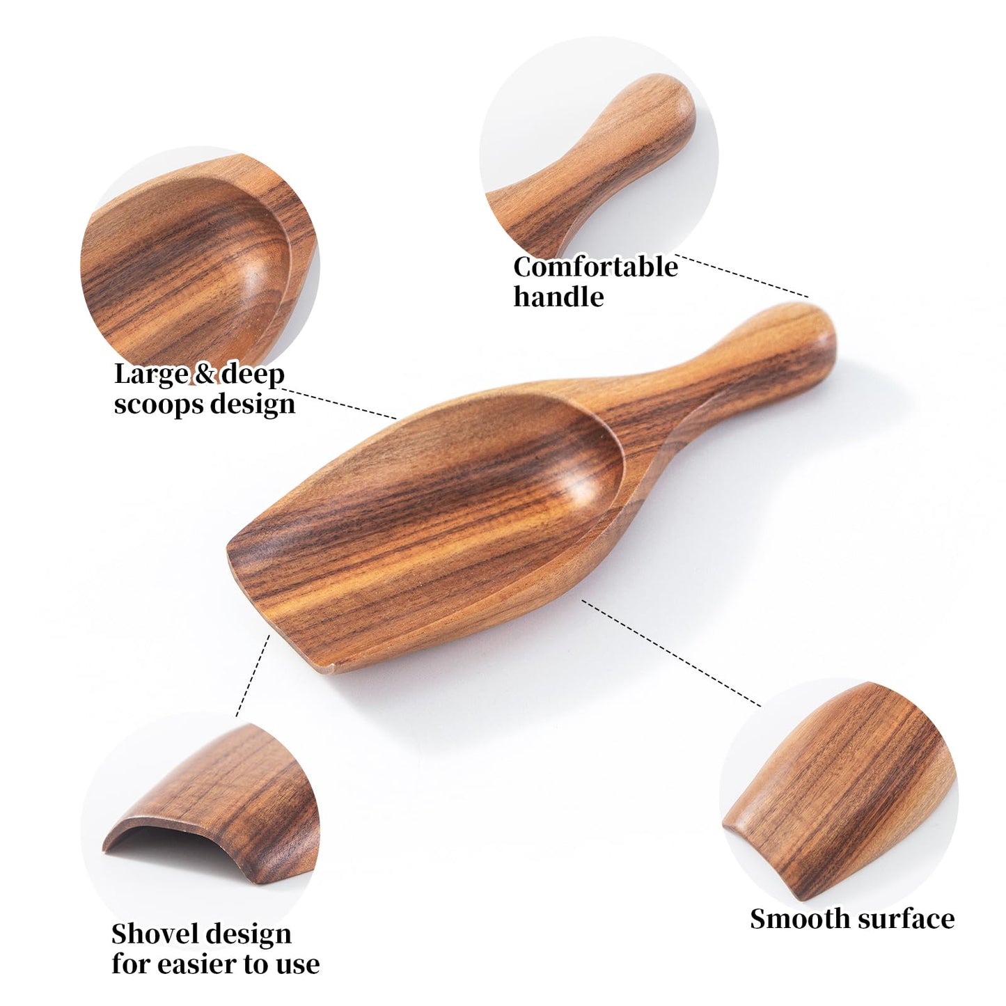 NLHL Big Wood Coffee Scoops - Acacia Wooden Scoops for Jars & Canisters, Multi-Purpose Measuring Spoons for Ground Coffee Powder, Flour, Oats, Bath Salt, Laundry Detergent Kitchen and Bath Use (4Pack)