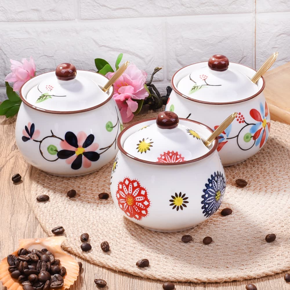 Whitenesser Ceramic Sugar Bowl with Lid and Spoon - 10.8oz Hand-Painted Floral Sugar Jar, Porcelain Salt Cellar for Kitchen Counter & Coffee Bar - Decorative Spice Jar for Honey, Jam, Seasoning