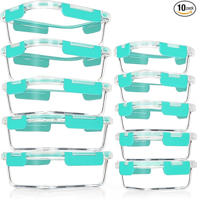 VERONES 10Pack Glass Meal Prep Containers, Airtight Glass Lunch Containers