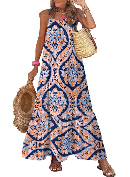 Dokotoo Women Summer Dresses 2025 Spaghetti Strap Scoop Neck Smocked Ruffle Flowy Boho Maxi Dress