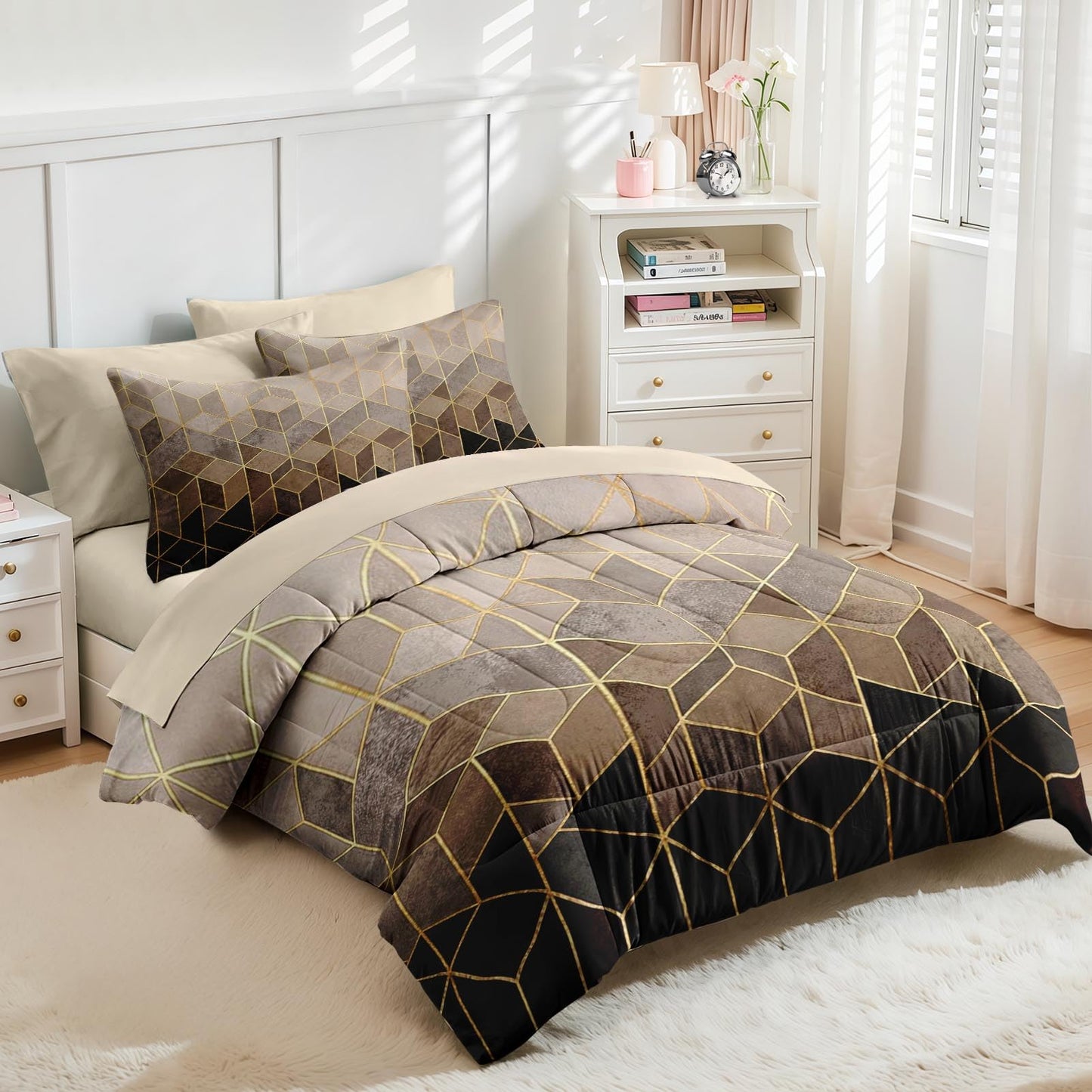 Nesker Comforter Set Full Size, Black Golden Gradient Cubic 7 Pcs Bedding for Kids and Adults, Brown Modern Geometric Bed Sheet Sets with Fitted Sheet 2 Pillowcases & 2 Shams