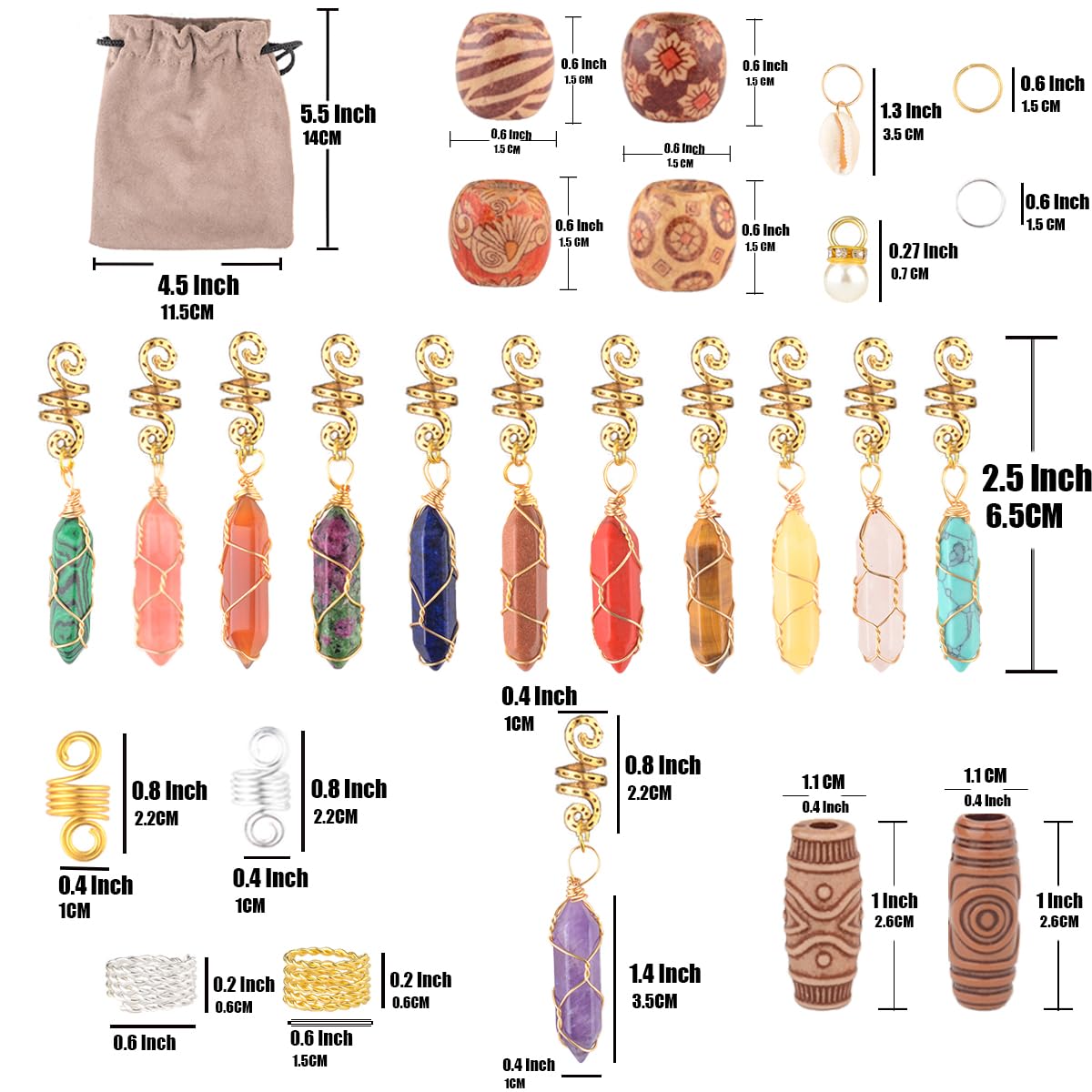 Modpion Hair Jewelry Crystal Dreadlock Accessories,Natura Stone for Hair Braids Charm Coils Rings Hair Cuffs Shells Imitation Hair Decoration