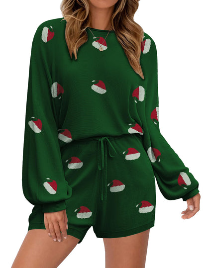 Ekouaer Summer Outfits for Women Soft Knit Lounge Sets Long Sleeve Top and Shorts 2 Piece Pajama Sets Green Santa Hat XXL