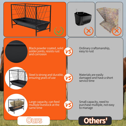 Yahpetes Pasture Hay Feeder 2 in 1 Goat Feeder 69 Gallon Capacity Livestock Rack 42.9''L X 20.5''W Hay Grain Livestock Feeder with V-Shaped Top Rack & Feed Pan for Sheep Farms Sheds