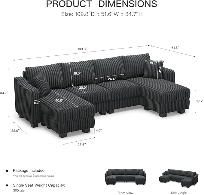 Belffin U Shaped Couch with Reversible Chaises Sectional Couches