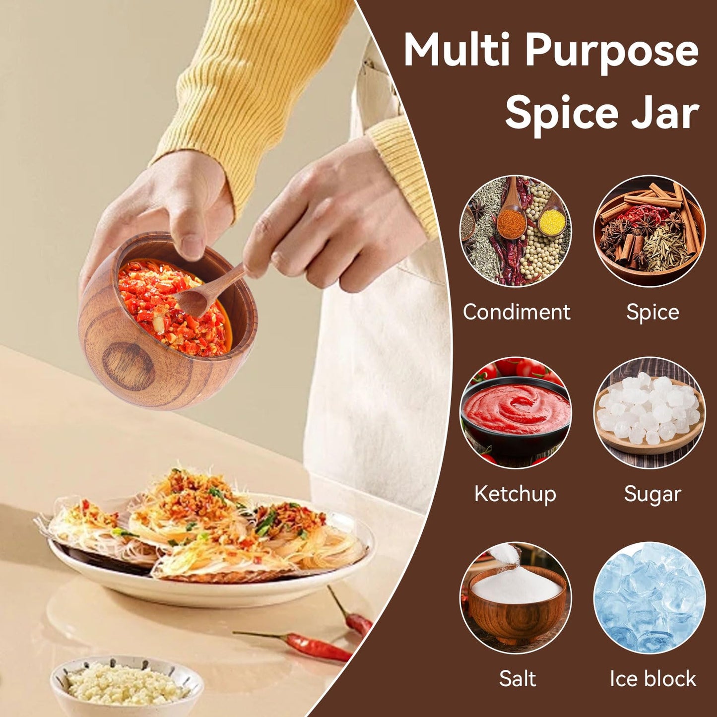 Gsycle Wooden Salt Box with Lid & Spoon, Seasoning Pot Sugar Bowl Wood Salt & Spice Jar Box Salt Keeper, Pepper, Tea Container for Kitchen Countertop Restaurant
