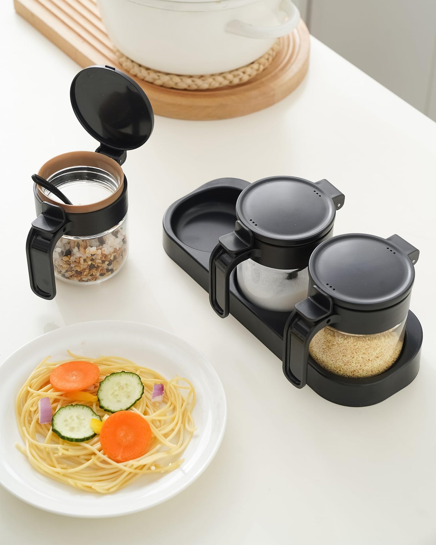 JIMMEAL 3 Pack Airtight Glass Spice Jars with Spoons, Lead-Free Condiment Container Set with Silicone Seal Ring, Honey Dippers, Tray, Labels and Wall Mount Adhesive for Sugar, Salt, Coffee Bar, Black