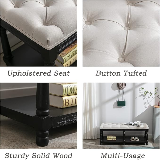 Farmhouse Storage Bench Wooden Entryway Linen Upholstered Ottoman Button Tufted