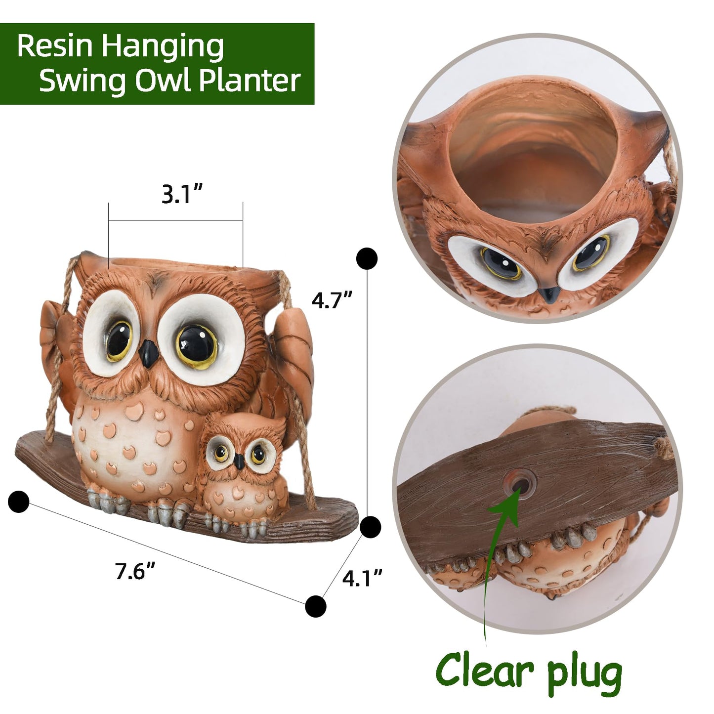Swing Owl Hanging Planters for Indoor Plants, Cute Small Succulent Pots with Drainage Hole, Unique Resin Plant Hangers Outdoor, Hanging Plant Holder for String Of Pearls, Gift Ideas for Mother