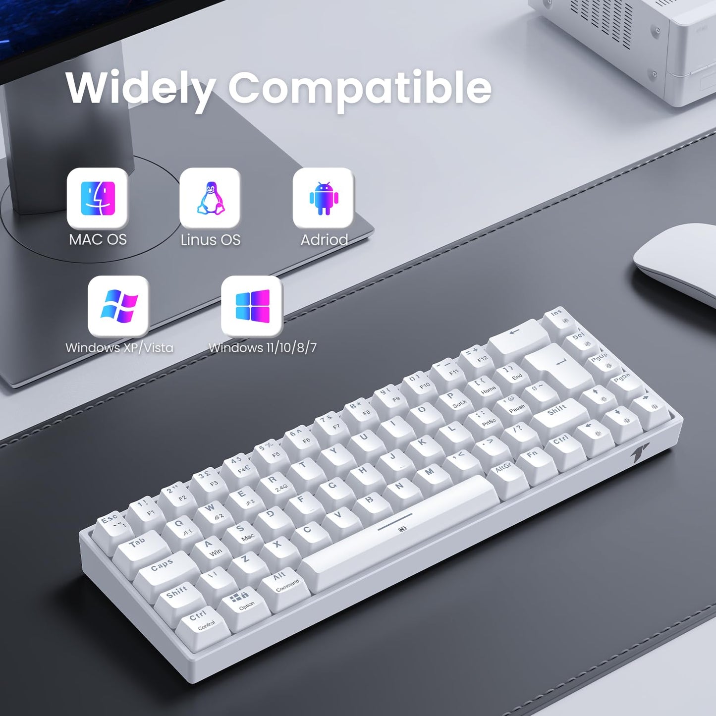 TECURS Wireless Mechanical Gaming Keyboard RGB UK Layout TKL 65% Rollover Anti-ghosting Bluetooth / 2.4G Keyboard Red Switch for PC Gamer/iPad/ PS4/Android, White
