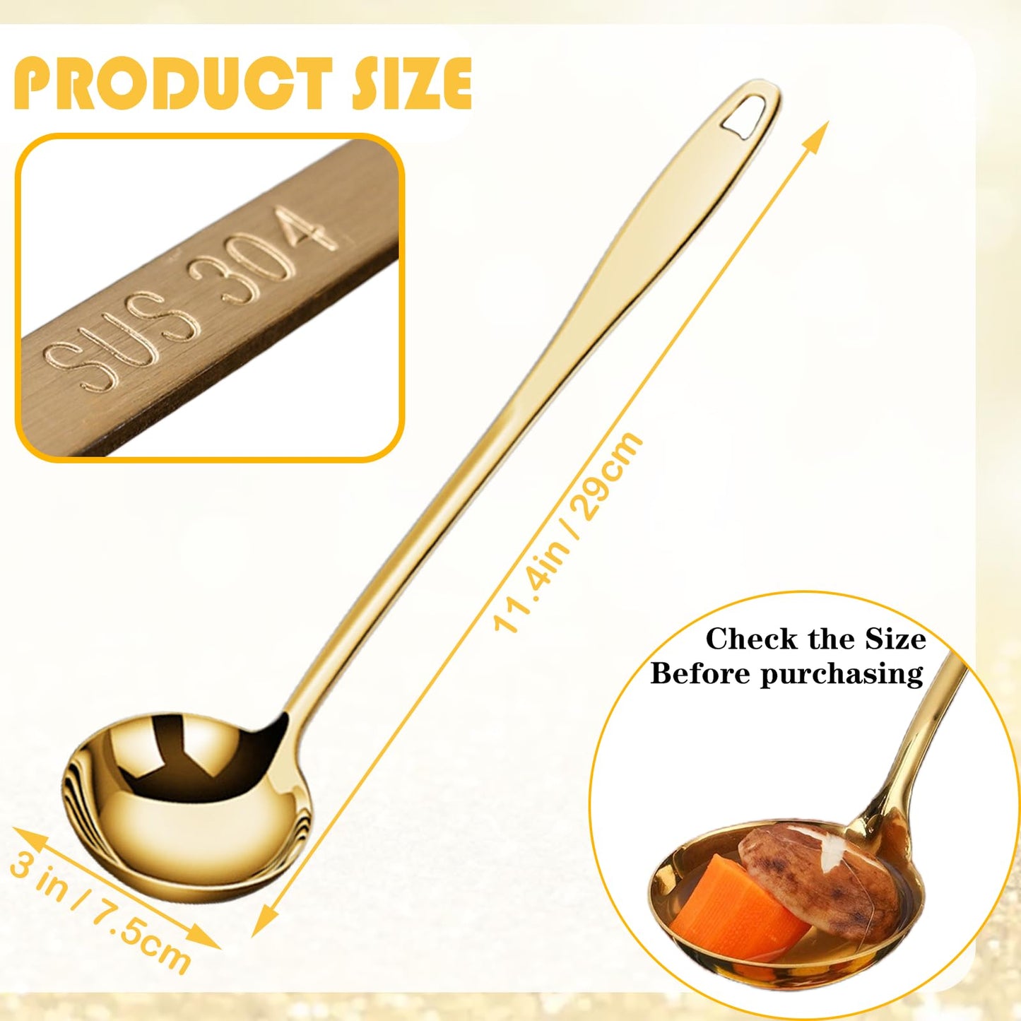 Bigwinyep 2Pcs Soup Ladle Soup Spoons 304 Stainless Steel Gold Ladle, 12.2Inch Long Handle Large Serving Spoon for Cooking Buffet, Party, Kitchen, Gold