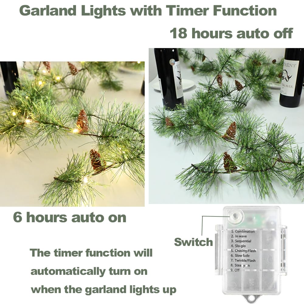 PALONMY Christmas Garland with Lights 6.56 FT Smokey Pine Garlands with 30 LED Fairy Lights Battery Operated Garland Lights with Pine Cones Artificial Greenery Garland Christmas Pre-lit Light for Home