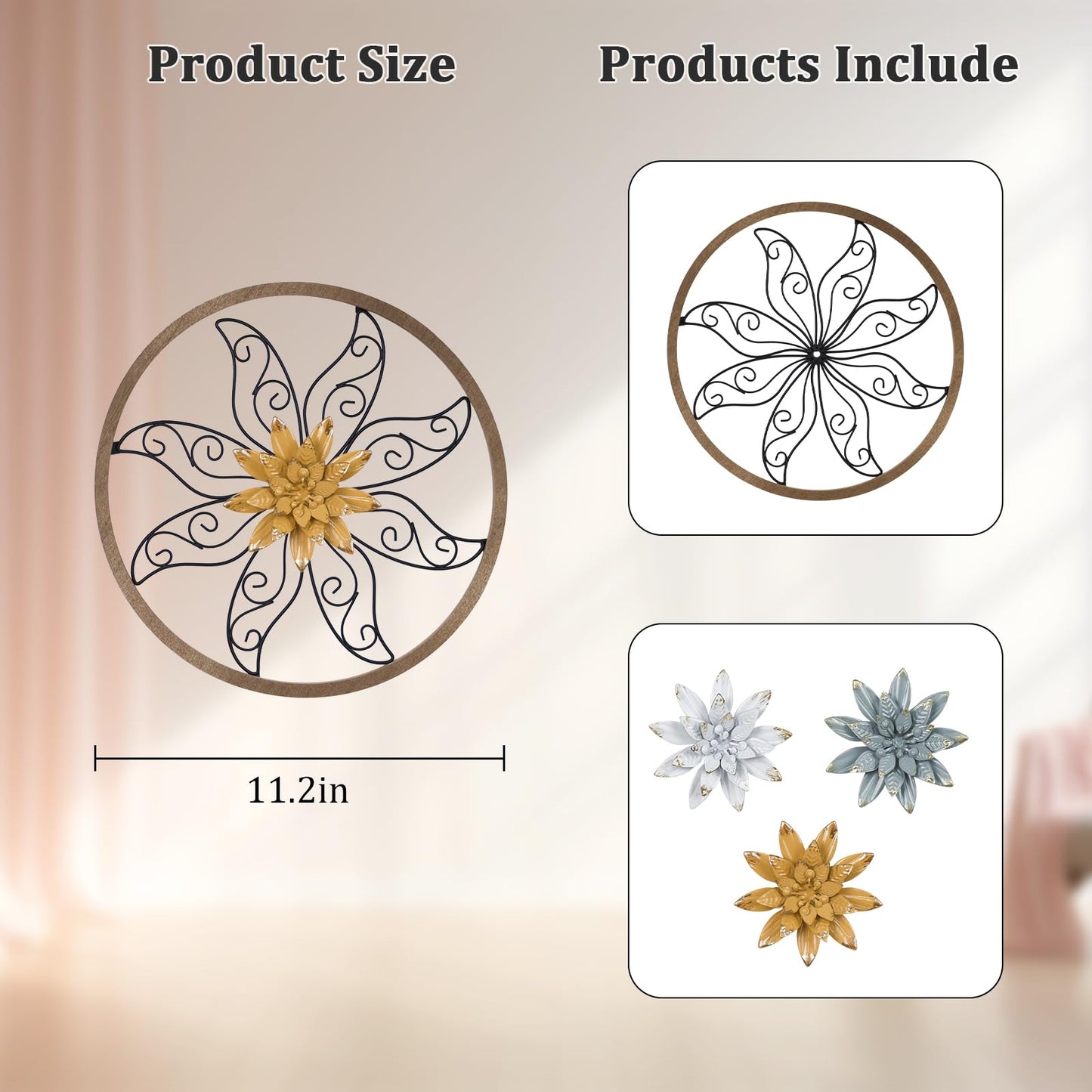 hogardeck Metal Flower Wall Decor - 11" Metal Wood Floral with 3 pcs Interchangeable Flowers Wall Decoration for Bedroom, Living Room, Bathroom, Kitchen, Outdoor Wall Art