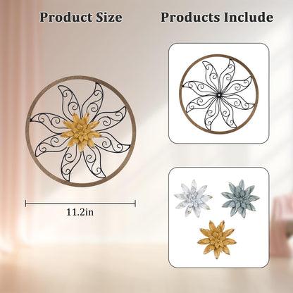 hogardeck Metal Flower Wall Decor - 11" Metal Wood Floral with 3 pcs Interchangeable Flowers Wall Decoration for Bedroom, Living Room, Bathroom, Kitchen, Outdoor Wall Art
