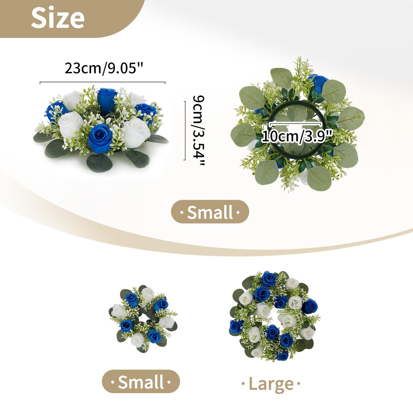 NUPTIO Small Wreath for Table Centerpieces: 9.05 Inch Royal Blue & White Flower Candle Rings for Wedding Party Christmas - Rose Wreaths for Spring Summer Front Door Porch Decor 6 Pcs