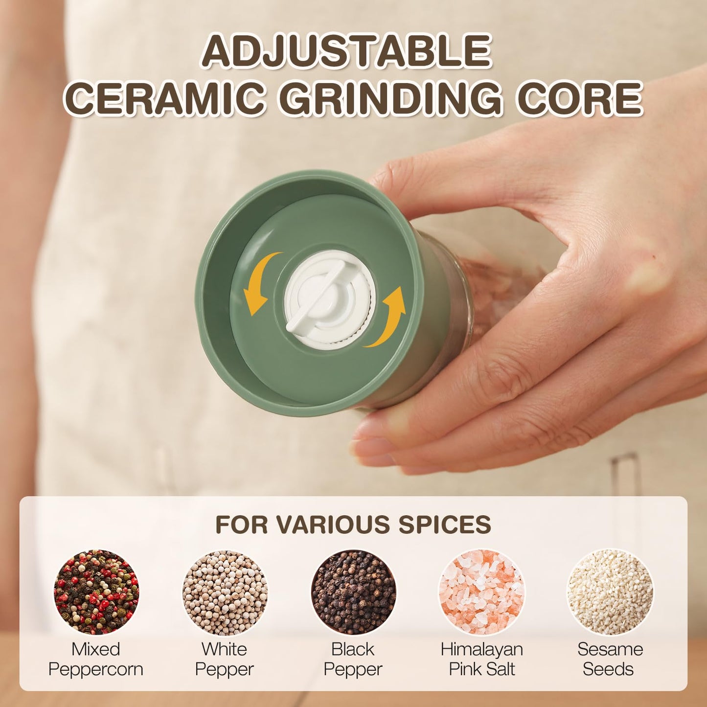 Vucchini Salt and Pepper Grinders 2 Set with Ceramic Core Cinnamon,Adjustable Coarseness,Green,Bamboo,Spice Mills,Home Kitchen Birthday,Housewarming Gifts