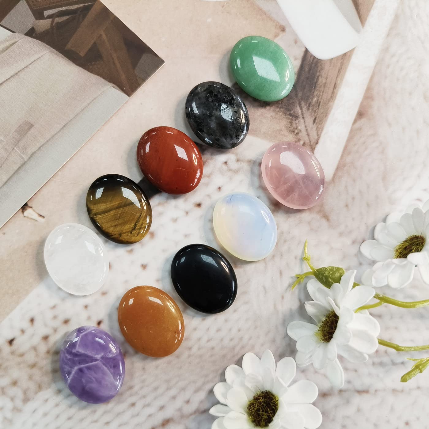 ZHIYUXI 10PCS Crystals and Healing Stones Gemstones Worry Stone for Anxiety Oval Thumb Palm Amethyst Rose Quartz Obsidian Quartz Crystals Bulk Healing Crystals Set Reiki Meditation