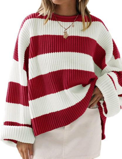 ZESICA Women's 2025 Fall Long Sleeve Oversized Striped Color Block Comfy Loose Crew Neck Knitted Pullover Sweater