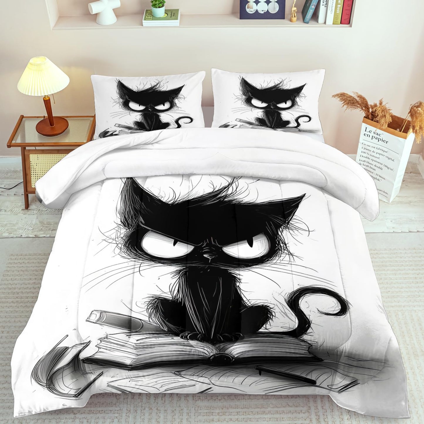 llyxsesty Cute Black Cat Comforter Set Full Size Cute Pet Bedding Set Boys Girls White and Black Comforter Cartoon Cat Quilt Animal Bedroom Decor Kawaii Animal Print Bedding Boys Kids