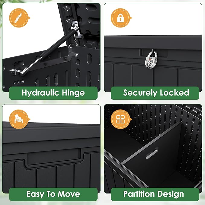 Devoko 260 Gallon Double-Wall Deck Box with Divider, Side Handles, Resin Outdoor Large Storage Box Waterproof and Lockable for Patio Furniture, Garden, Pool (Black, 260 Gallon)