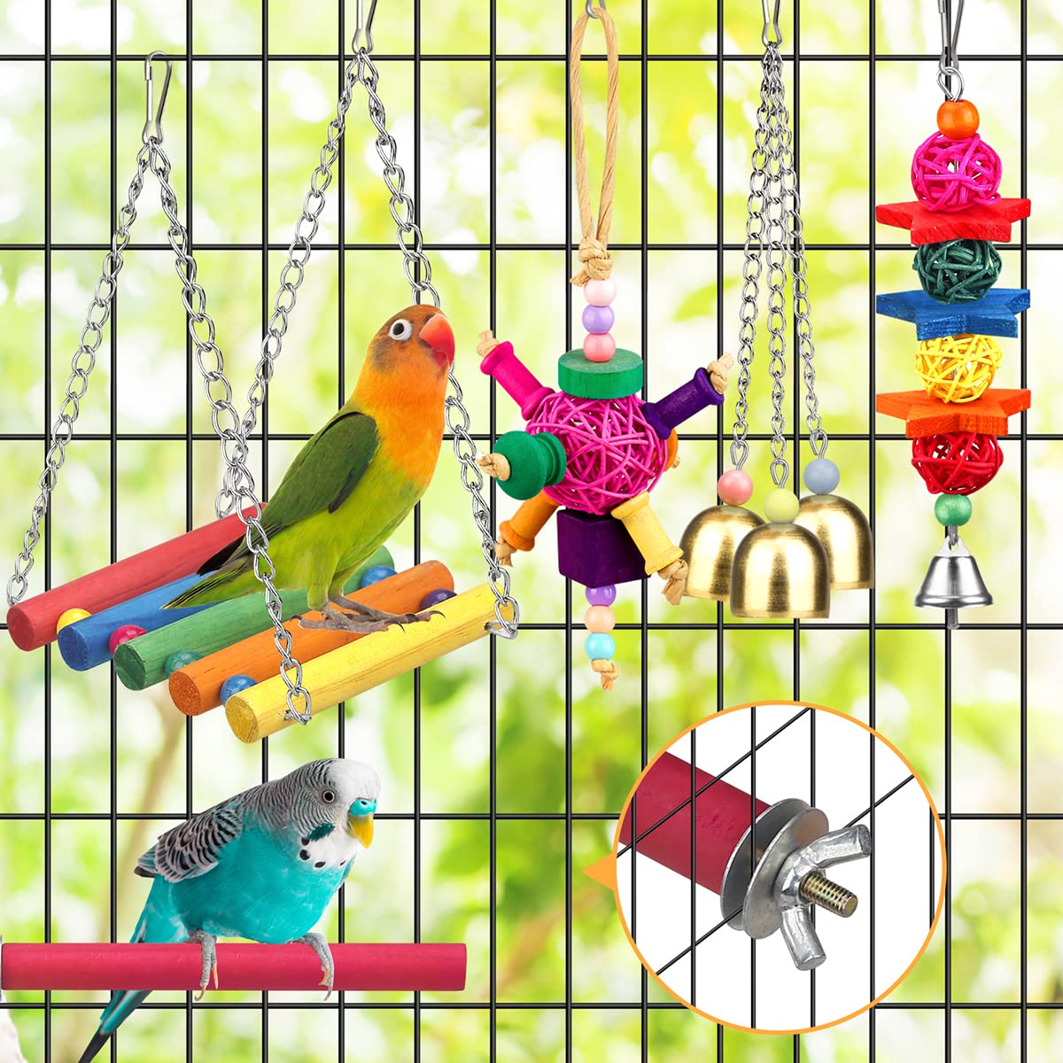 Bird Toys for Conures with Colorful Ladder Hammock Cage Accerious Bird Perch Stand Chewing Toys Hanging Bell Parrot Parakeet Cockatiel Lovebirds