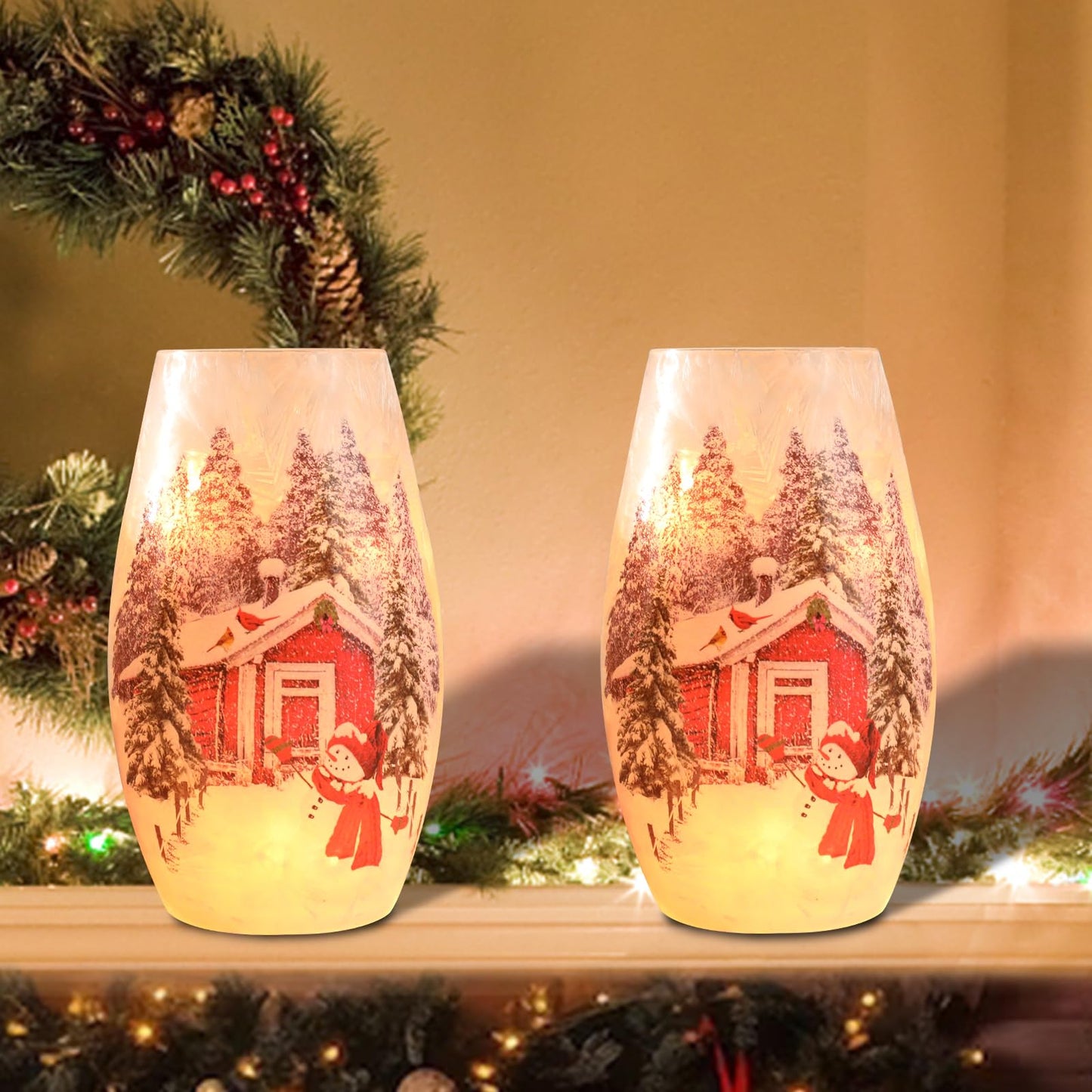 Wonder Solar Christmas Crackle Glass Lights Decorations Snowman Indoor Crackle Glass Vase LED Lighted Holiday Lamp Night Lights for Xmas, Christmas Lighting Decorations Indoor