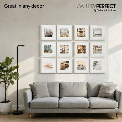 Gallery Perfect - 12-Piece White Square Photo Frame - Set with Hanging Template - Wall Gallery Kit - 16.5"x10.2"x16.7" - Square Wall Mount - Complete Set - Galley Wall - Picture Frame Set
