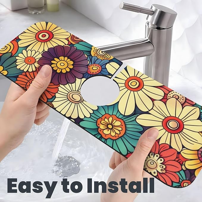 Kitchen Faucet Mat 15 x 5.5 Inch Abstract retro flower Faucet Draining Mat