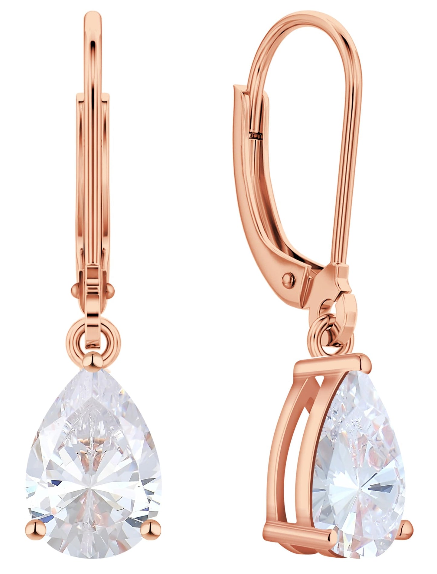 YL 925 Sterling Silver Teardrop Dangle Drop Earrings for Women 7x10 MM Solitaire Cubic Zirconia Leverback Jewelry with 18K Rose Gold Plated