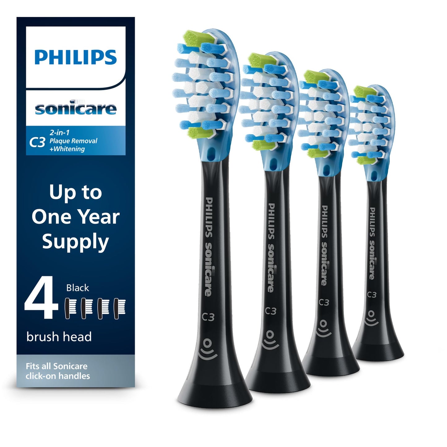Philips Sonicare Genuine C3 Premium Plaque Control Toothbrush Heads, One Year Supply, 2 Brush Heads, Black, HX9044/95